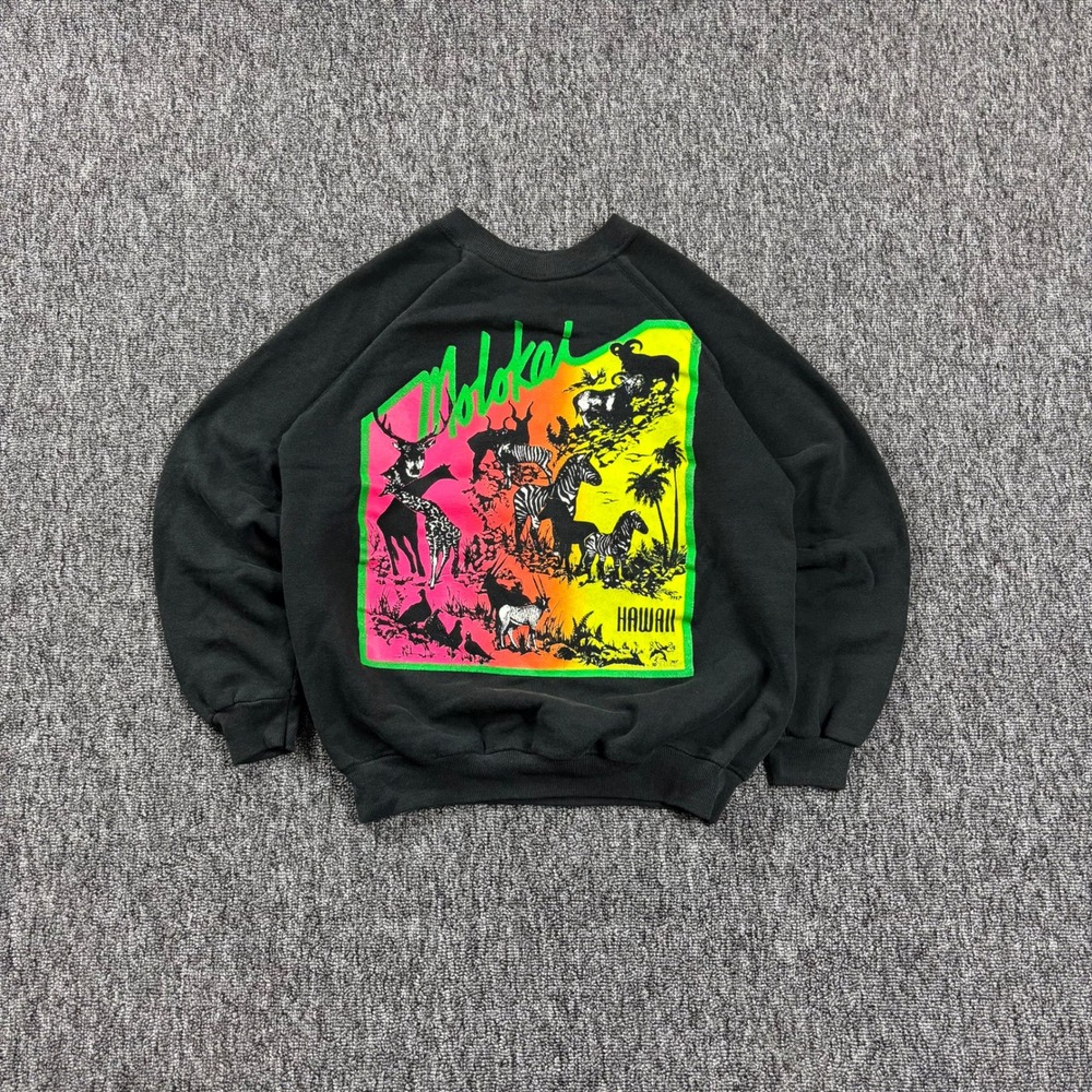 Vintage 90s Neon Hawaii Nature Safari Wildlife Hanes Black Crewneck Medium